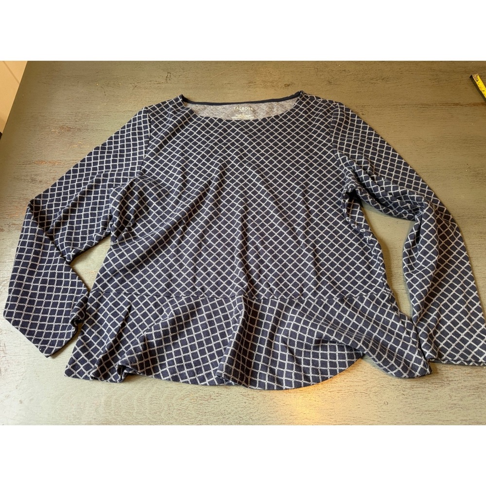 Talbots Navy Blue White Grid Diamond Peplum Top Long Sleeve XL